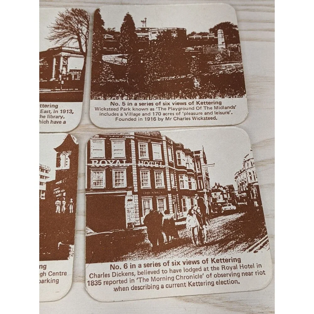 Vtg Kettering Photo Views  Coasters Set of 6 England Barware Pub Coleman Bird AD